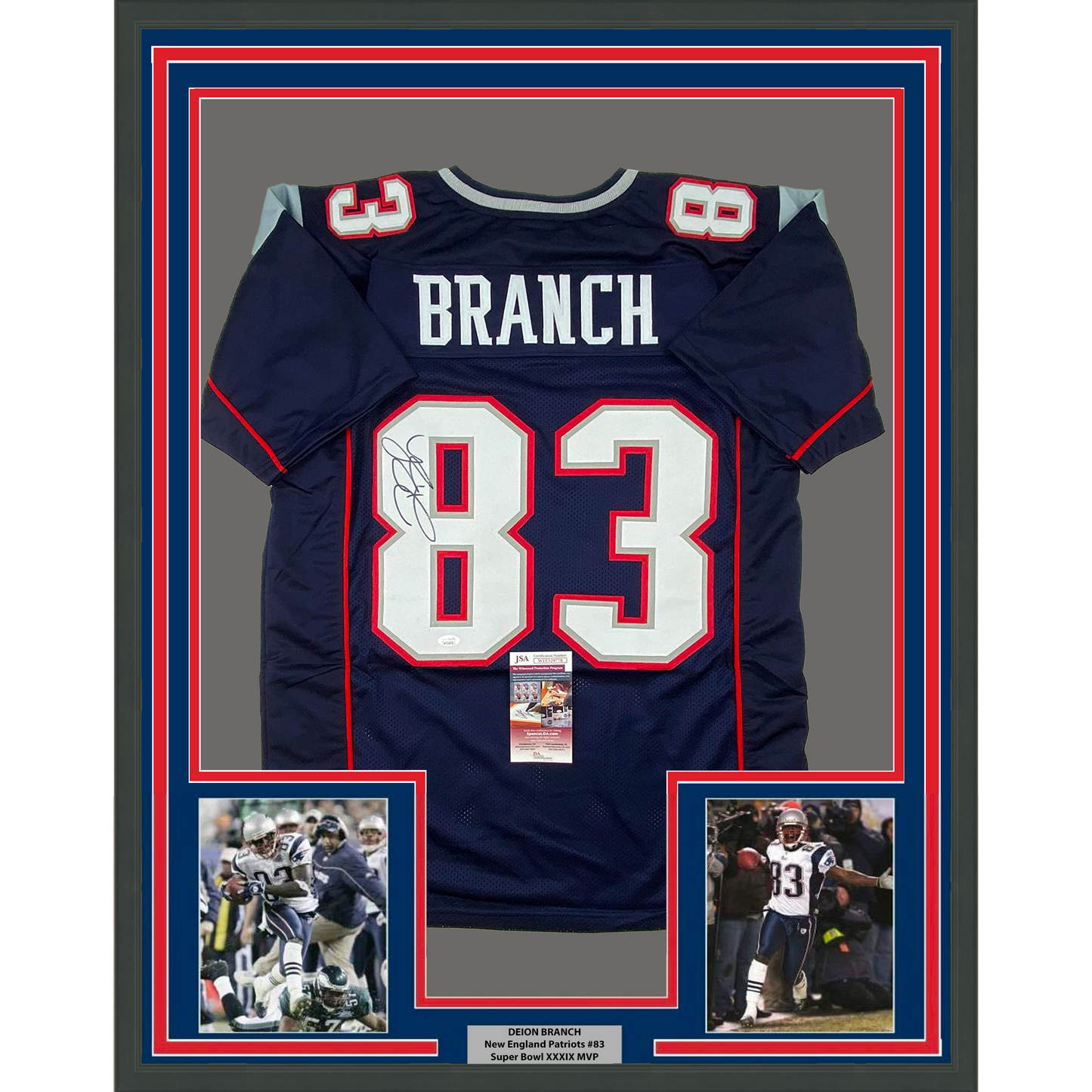 Framed Autographed/Signed Deion Branch 35x39 #83 New England Blue Football Jersey JSA COA