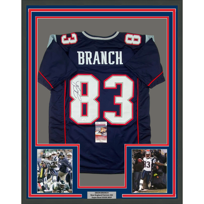 Framed Autographed/Signed Deion Branch 35x39 #83 New England Blue Football Jersey JSA COA