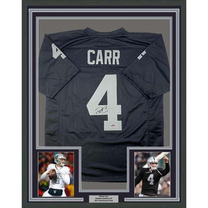 Framed Facsimile Autographed Derek Carr 35x39 Oakland Las Vegas Black Reprint Laser Auto Football Jersey Size Men's XL