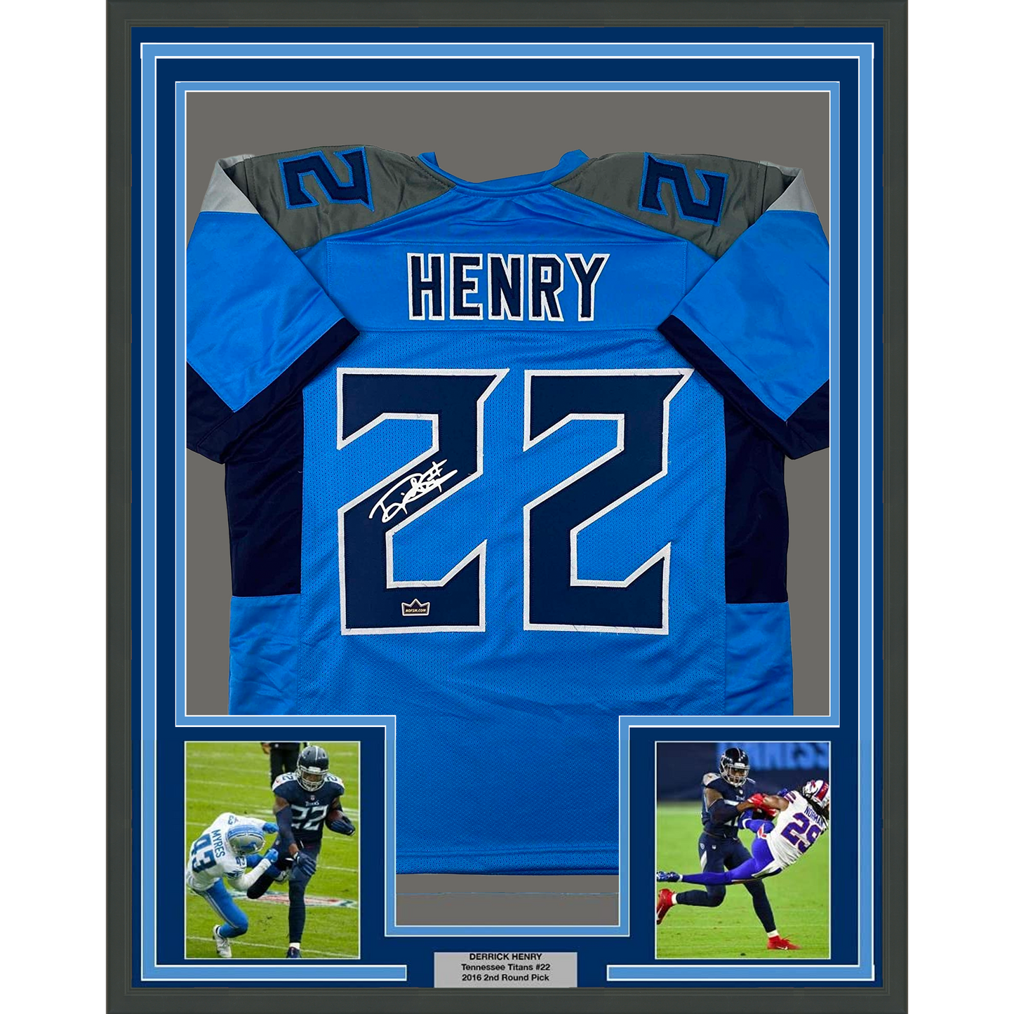 Framed Facsimile Autographed Derrick Henry 35x39 Tennessee Light Blue Reprint Laser Auto Football Jersey