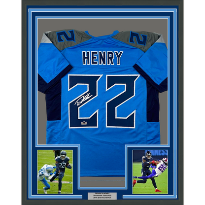 Framed Facsimile Autographed Derrick Henry 35x39 Tennessee Light Blue Reprint Laser Auto Football Jersey