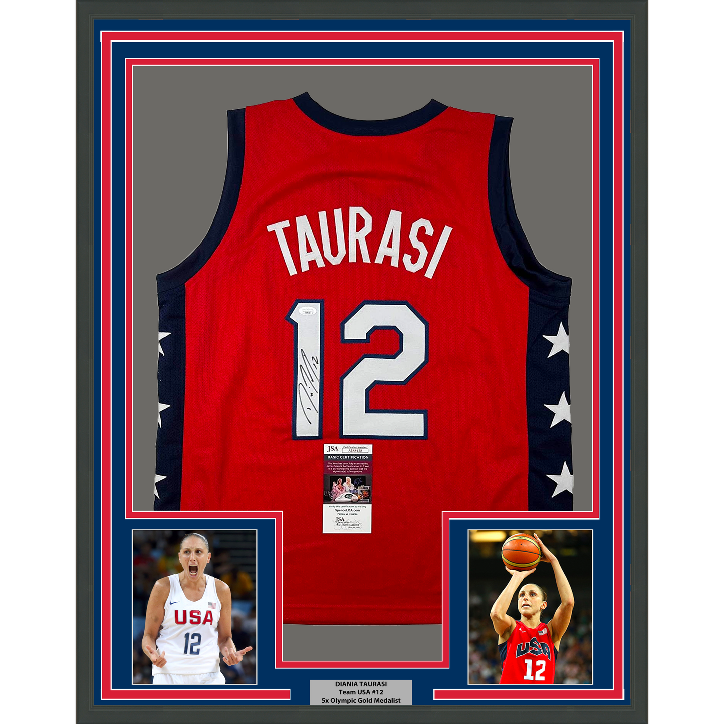 Framed Autographed/Signed Diana Taurasi 35x39 USA Olympics Red Basketball Jersey JSA COA