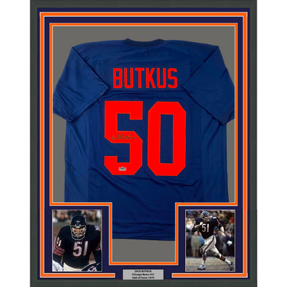 Framed Facsimile Autographed Dick Butkus 35x39 Illinois Blue Reprint Laser Auto College Football Jersey