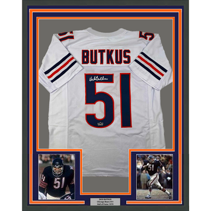 Framed Facsimile Autographed Dick Butkus 35x39 Chicago White Reprint Laser Auto Football Jersey