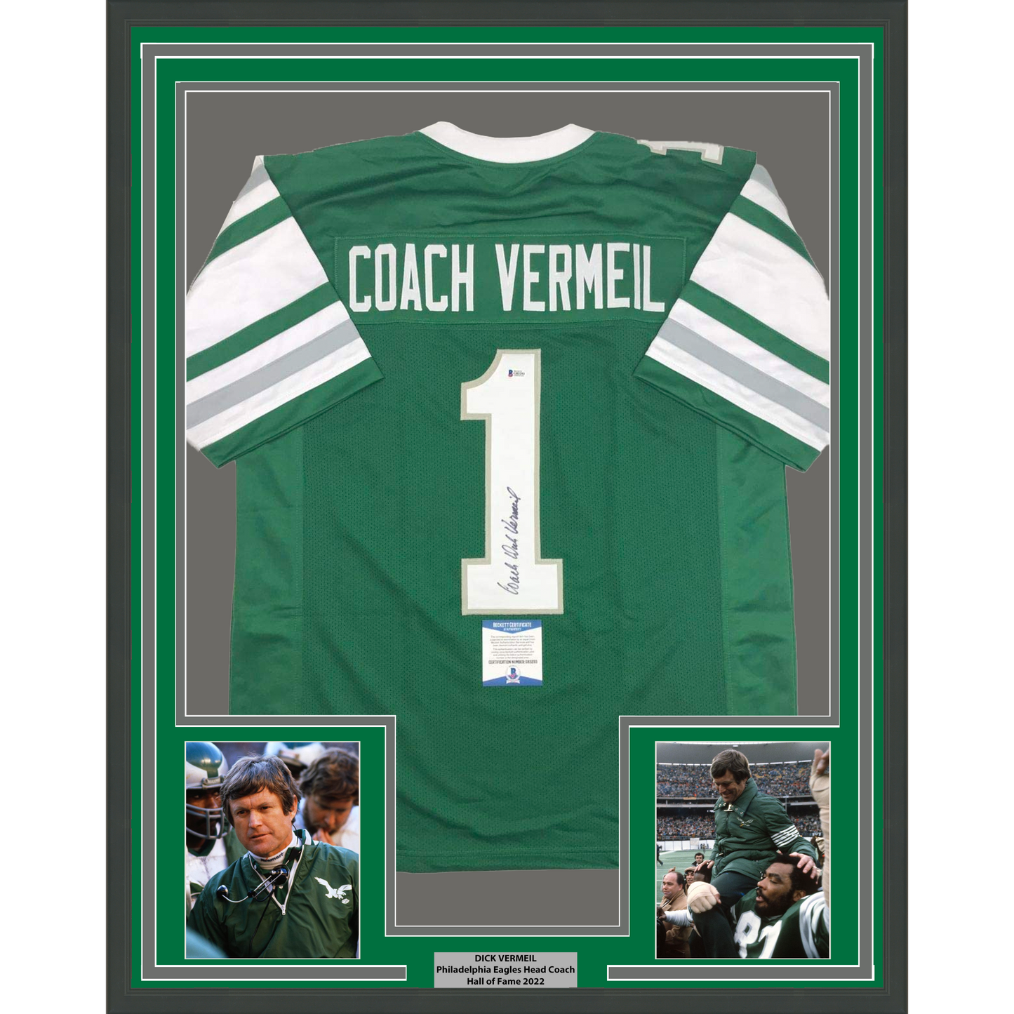 Framed Autographed/Signed Dick Vermeil 35x39 Philadelphia Green Football Jersey JSA COA