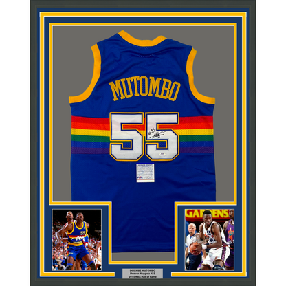 Framed Autographed/Signed Dikembe Mutombo 35x39 Denver Nuggets Blue Authentic Mitchell & Ness Basketball Jersey PSA/DNA COA
