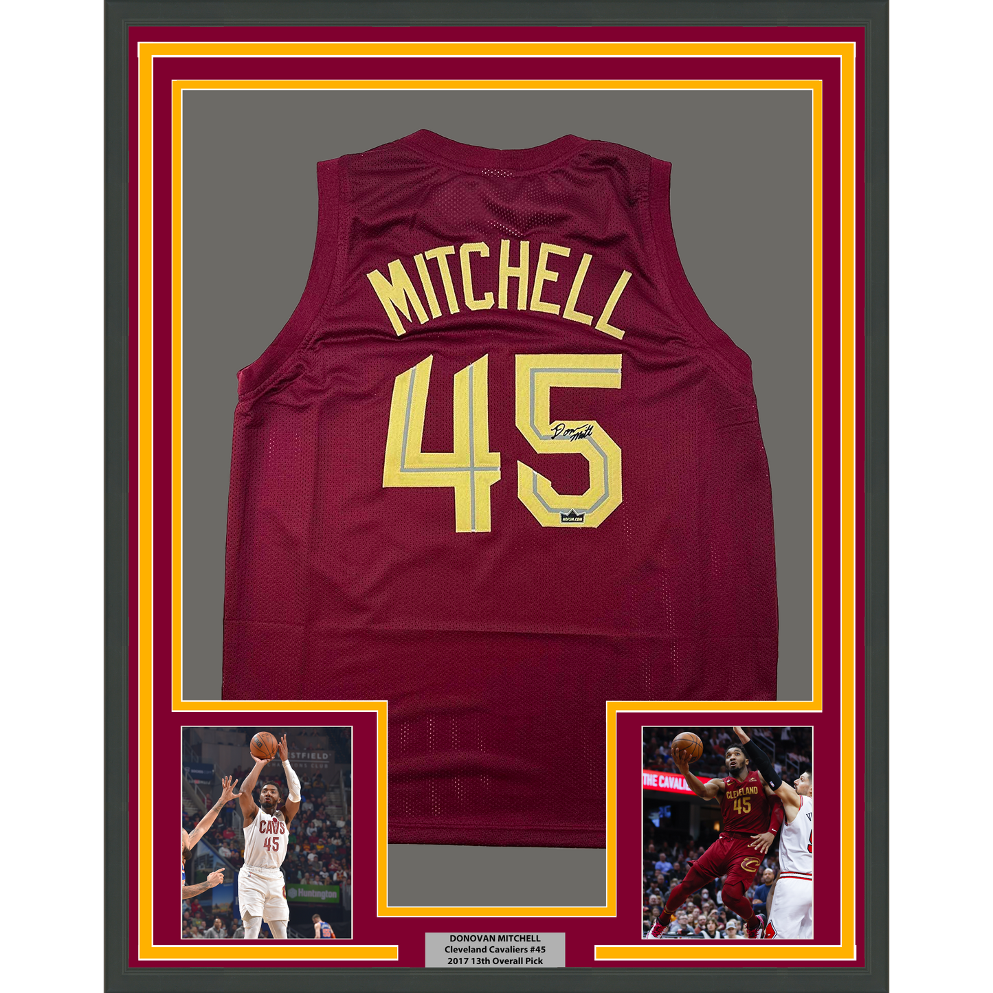 Framed Facsimile Autographed Donovan Mitchell 35x39 Cleveland Red Reprint Laser Auto Basketball Jersey