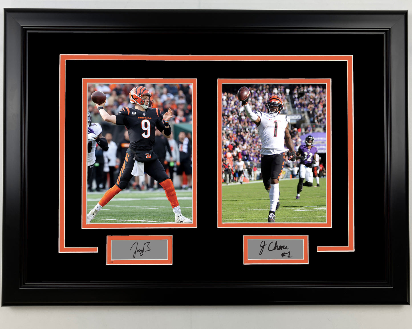 Framed Joe Burrow and Ja'Marr Chase Facsimile Laser Engraved Signatures Cincinnati Bengals 17x23 Dual Football Photo