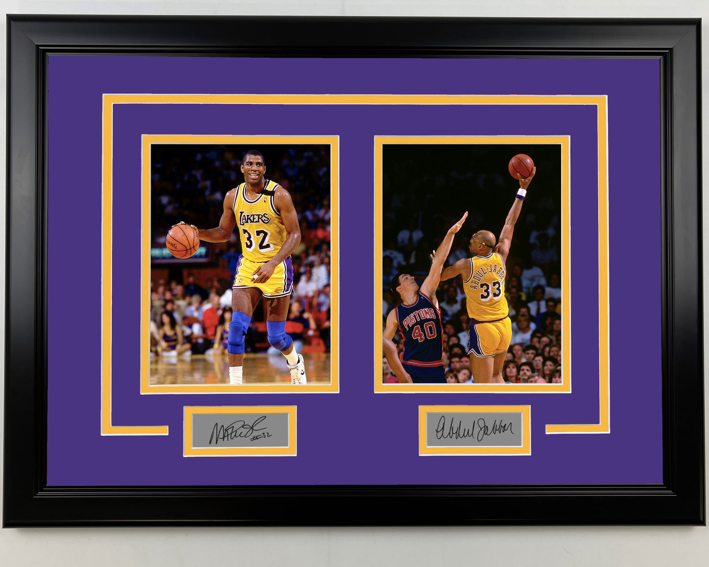 Framed Magic Johnson and Kareem Abdul-Jabbar Facsimile Laser Engraved Signatures Los Angeles Lakers 17x23 Dual Basketball Photo