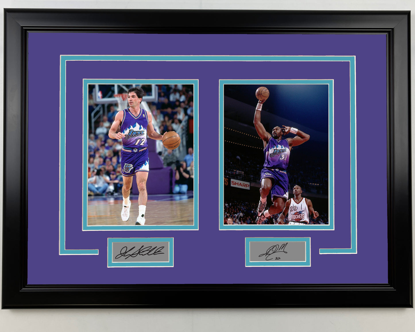 Framed John Stockton and Karl Malone Facsimile Laser Engraved Signatures Utah Jazz 17x23 Dual Basketball Photo