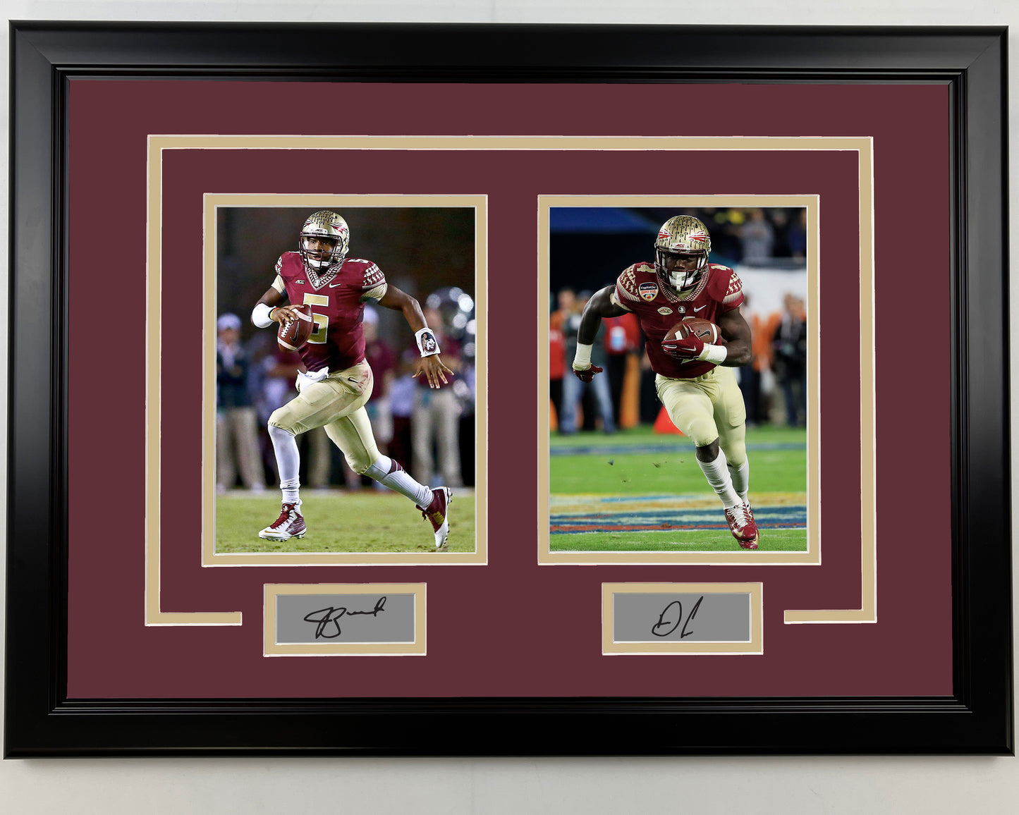 Framed Jameis Winston and Dalvin Cook Facsimile Laser Engraved Signatures Florida State Seminoles 17x23 Dual Football Photo