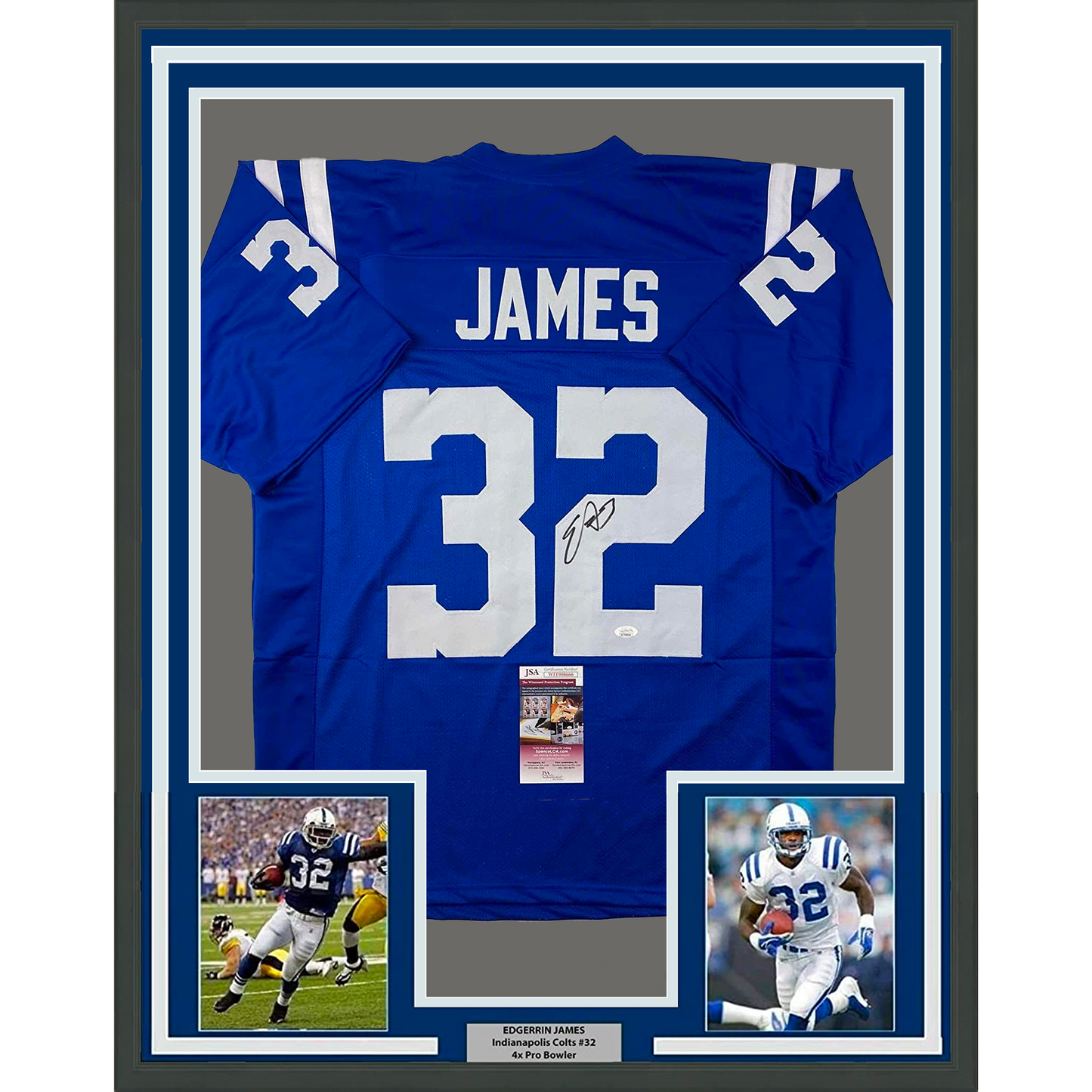Framed Autographed/Signed Edgerrin James 35x39 Indianapolis Blue Football Jersey JSA COA