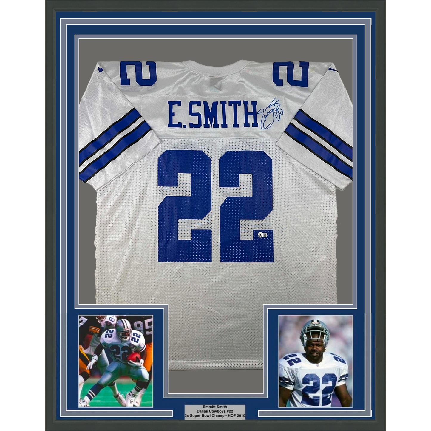 Framed Autographed/Signed Emmitt Smith 35x39 Dallas White Football Jersey Beckett BAS COA