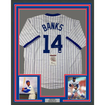 Framed Autographed/Signed Ernie Banks 35x39 Chicago Pinstripe Baseball Jersey JSA COA
