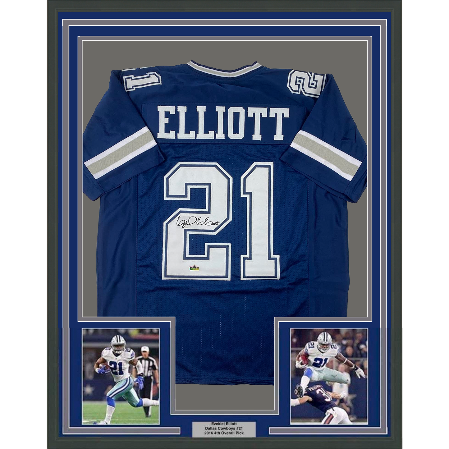 Framed Facsimile Autographed Ezekiel Elliott 35x39 Dallas Blue Reprint Laser Auto Football Jersey Size Men's XL