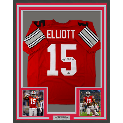 Framed Facsimile Autographed Ezekiel Elliott 35x39 Ohio State Red Reprint Laser Auto College Football Jersey Size Men's XL