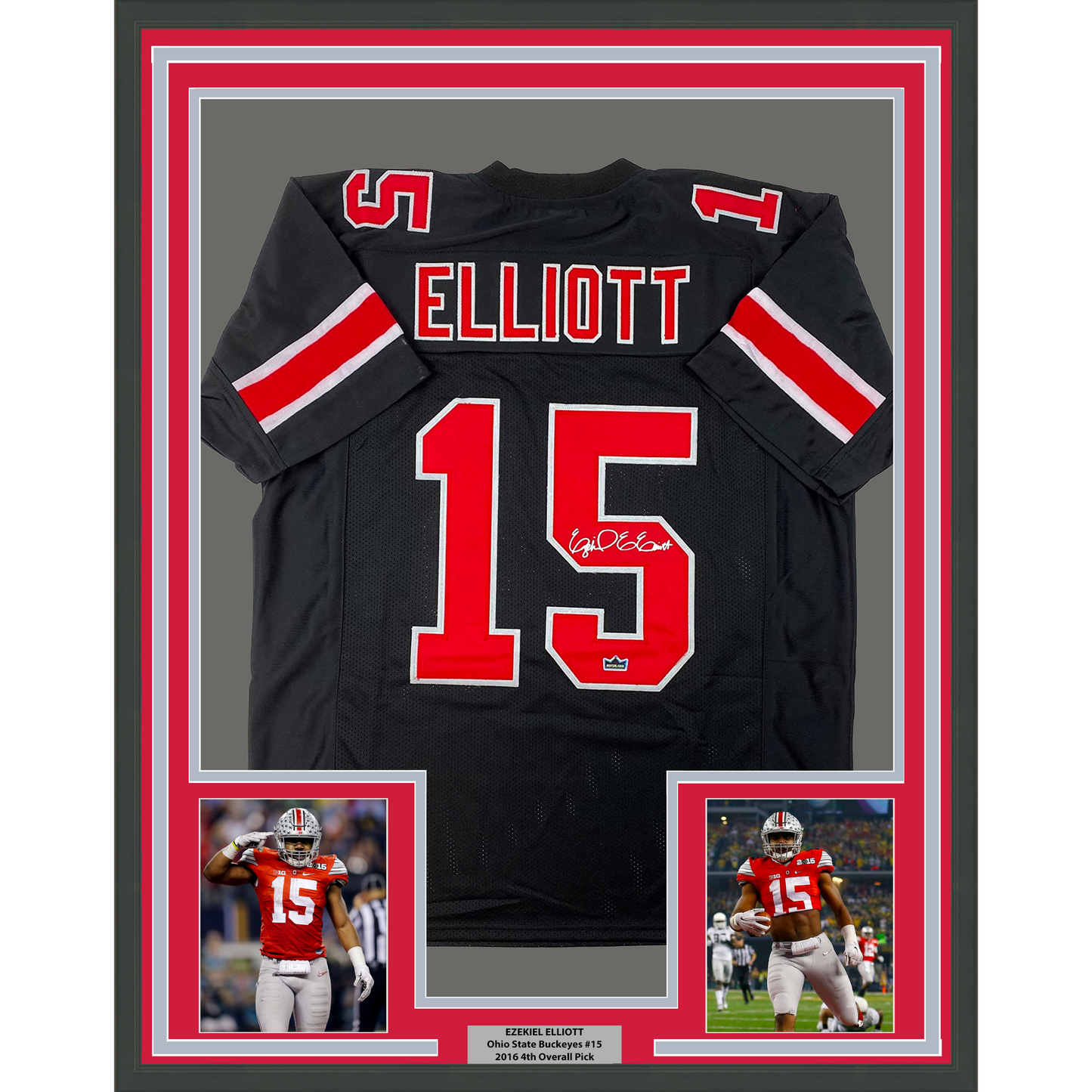 Framed Facsimile Autographed Ezekiel Elliott 35x39 Ohio State Black Reprint Laser Auto College Football Jersey