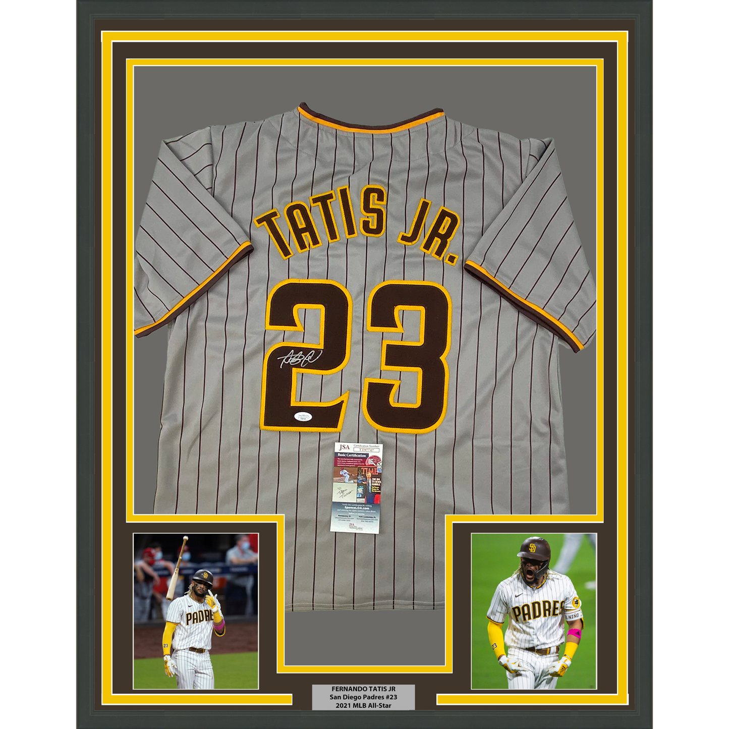 Framed Autographed/Signed Fernando Tatis Jr. 35x39 San Diego Grey Pinstripe Baseball Jersey JSA COA