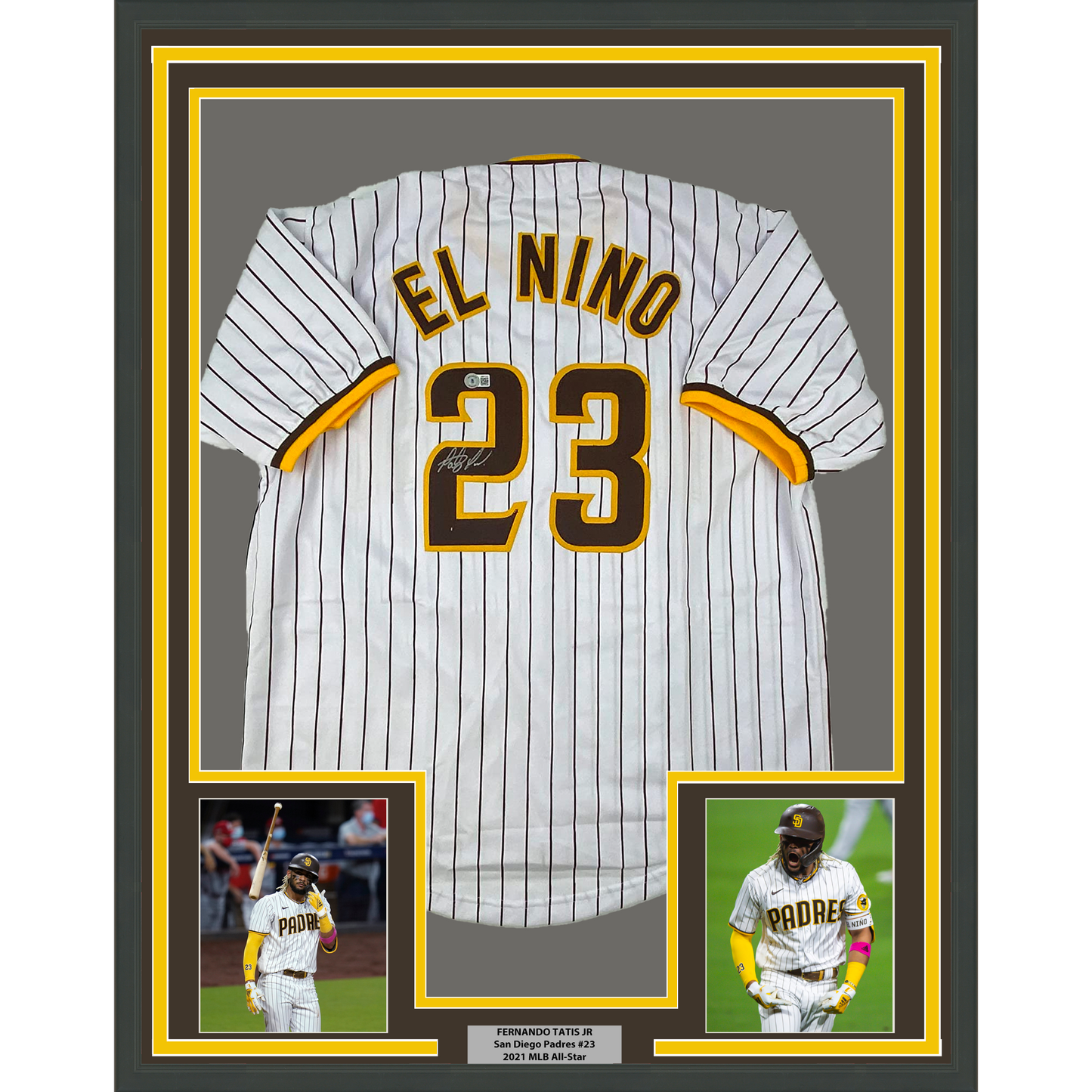 Framed Autographed/Signed Fernando Tatis Jr. 35x39 El Nino San Diego Pinstripe Baseball Jersey Beckett BAS COA