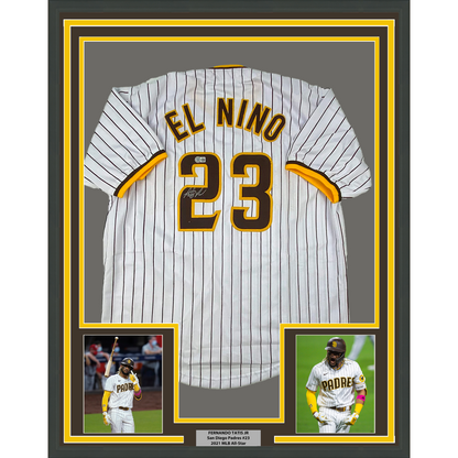 Framed Autographed/Signed Fernando Tatis Jr. 35x39 El Nino San Diego Pinstripe Baseball Jersey Beckett BAS COA