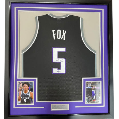Framed Autographed/Signed De'Aaron Fox 35x39 Sacramento Black Basketball Jersey Beckett BAS COA