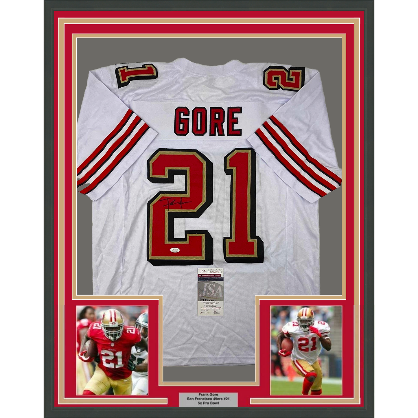Framed Autographed/Signed Frank Gore 35x39 San Francisco White Retro Football Jersey JSA COA