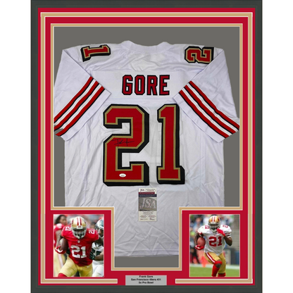 Framed Autographed/Signed Frank Gore 35x39 San Francisco White Retro Football Jersey JSA COA