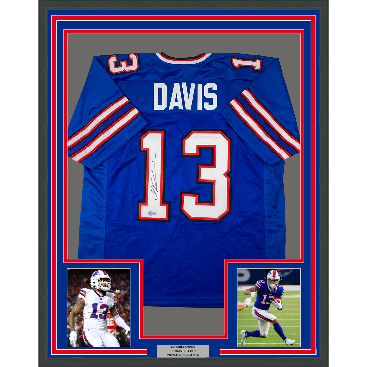Framed Autographed/Signed Gabriel Gabe Davis 35x39 Buffalo Blue Football Jersey Beckett BAS COA