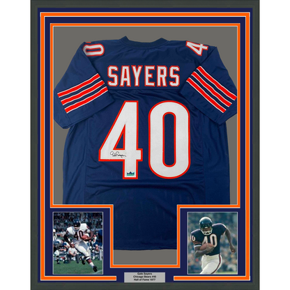 Framed Facsimile Autographed Gale Sayers 35x39 Chicago Blue Reprint Laser Auto Football Jersey