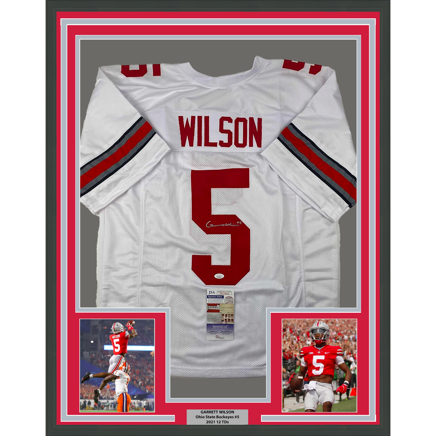 Framed Autographed/Signed Garrett Wilson 35x39 Ohio State White College Football Jersey JSA COA