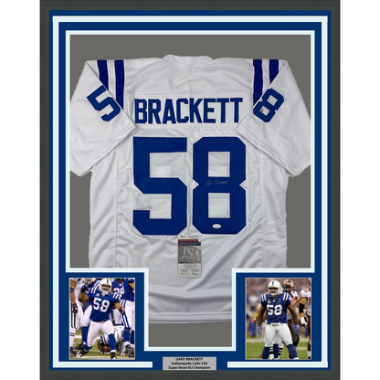 Framed Autographed/Signed Gary Brackett 35x39 Indianapolis White Football Jersey JSA COA