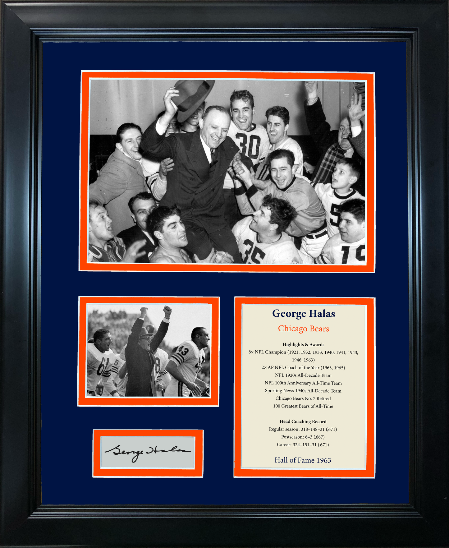 Framed George Halas Hall of Fame Facsimile Laser Engraved Signature Auto Chicago Bears 11"x14" Football Photo Sig Collage