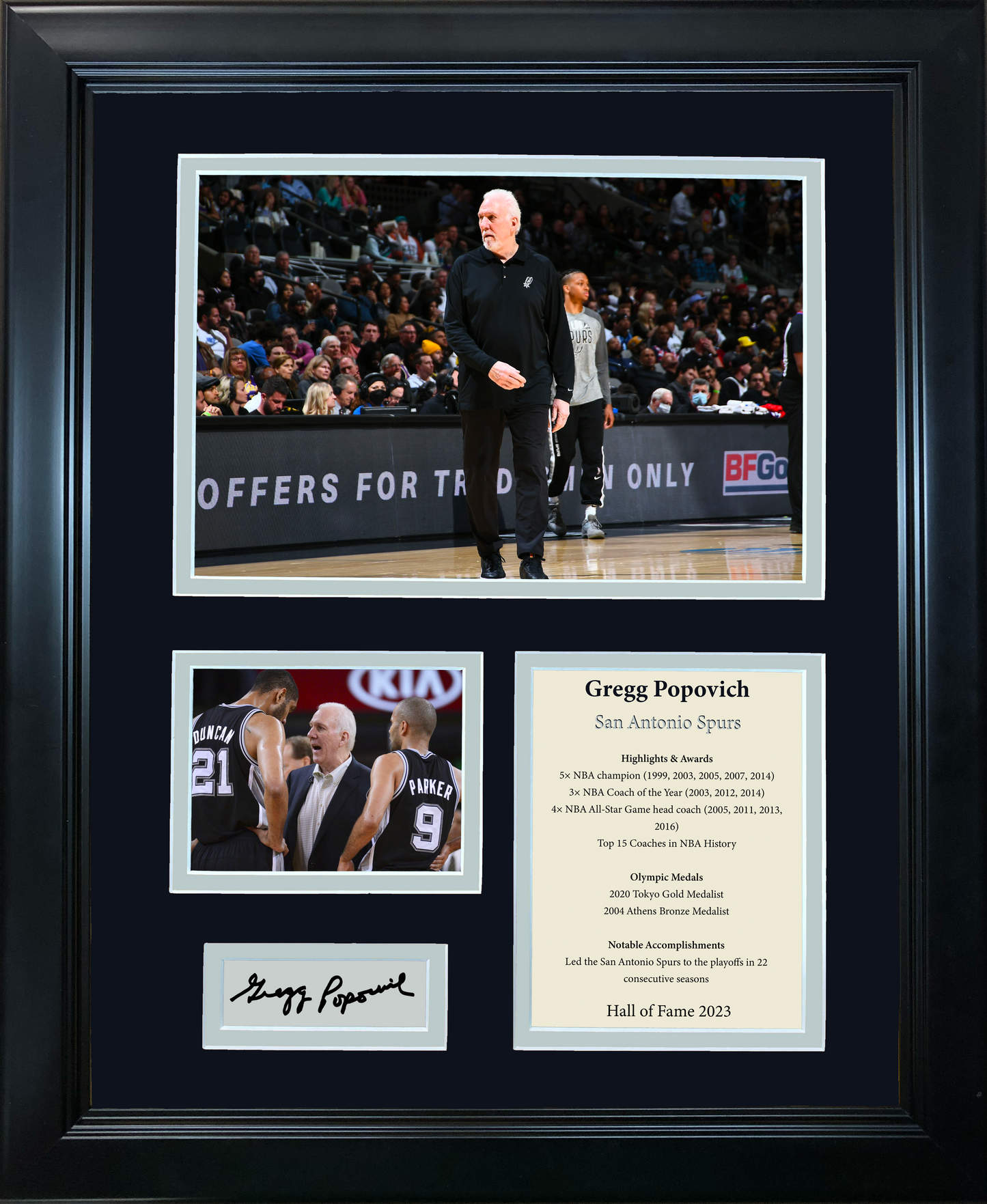 Framed Gregg Popovich Hall of Fame Facsimile Laser Engraved Signature Auto Basketball San Antonio Spurs 11"x14" Photo Sig Collage