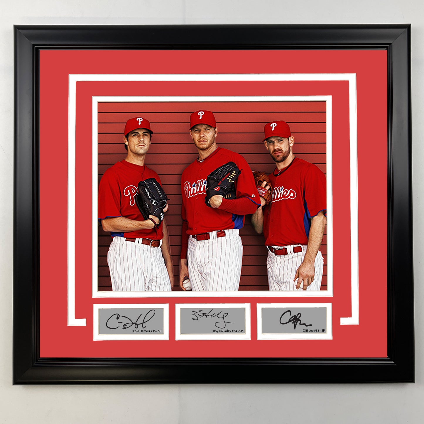 Framed Cole Hamels, Roy Halladay and Cliff Lee Facsimile Laser Engraved Signatures Philadelphia Phillies 19x21 Baseball Photo