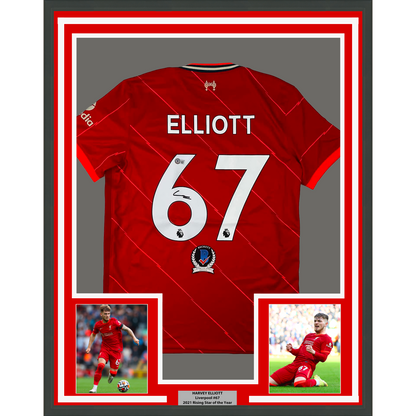 Framed Autographed/Signed Harvey Elliott 35x39 Liverpool Red Soccer Jersey Beckett BAS COA