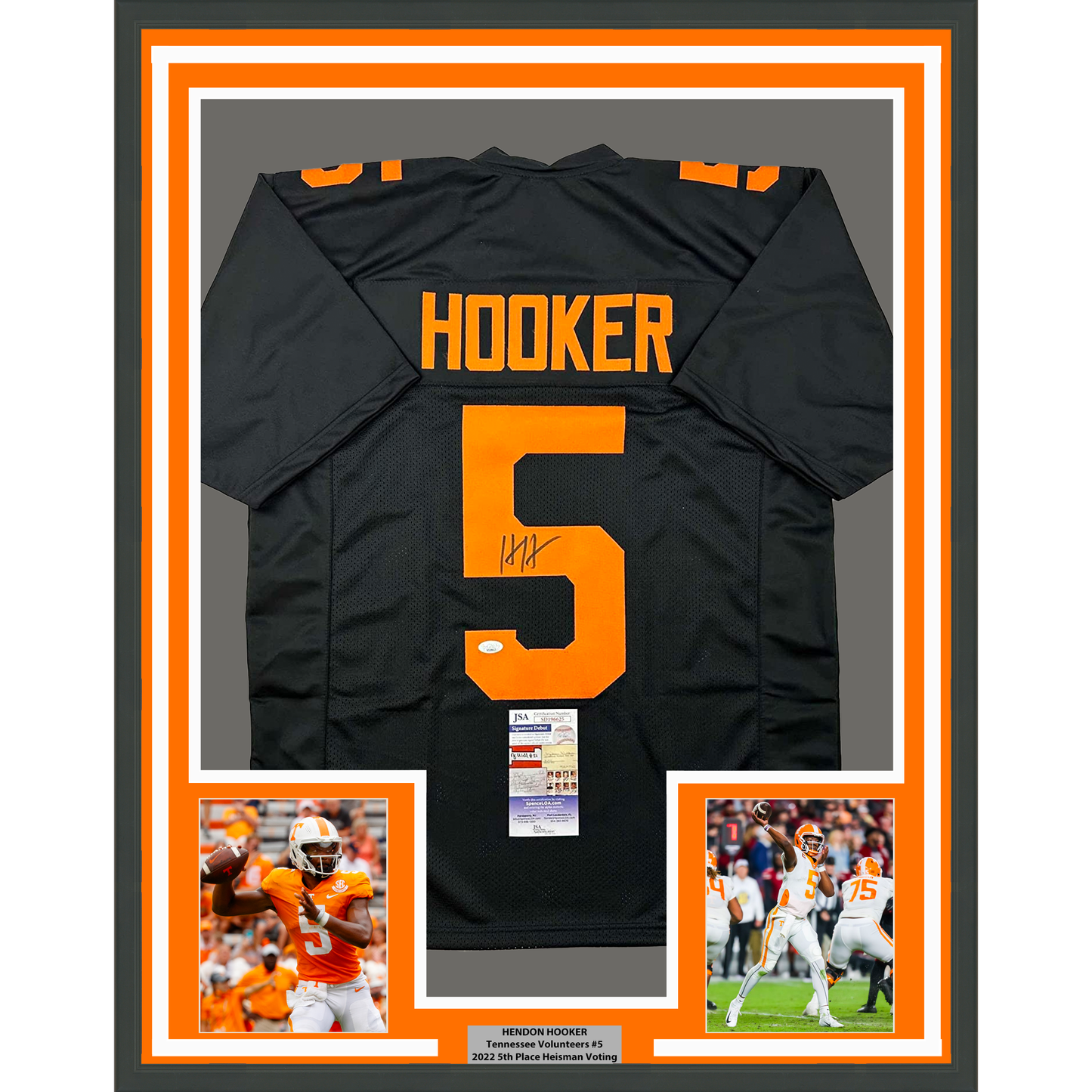Framed Autographed/Signed Hendon Hooker 35x39 Tennessee Black College Football Jersey JSA COA