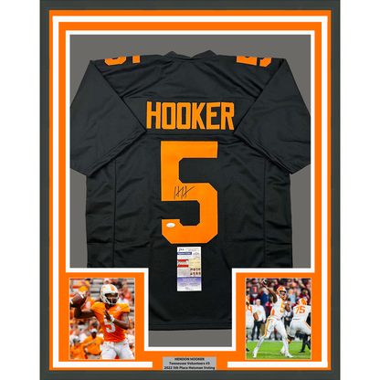 Framed Autographed/Signed Hendon Hooker 35x39 Tennessee Black College Football Jersey JSA COA