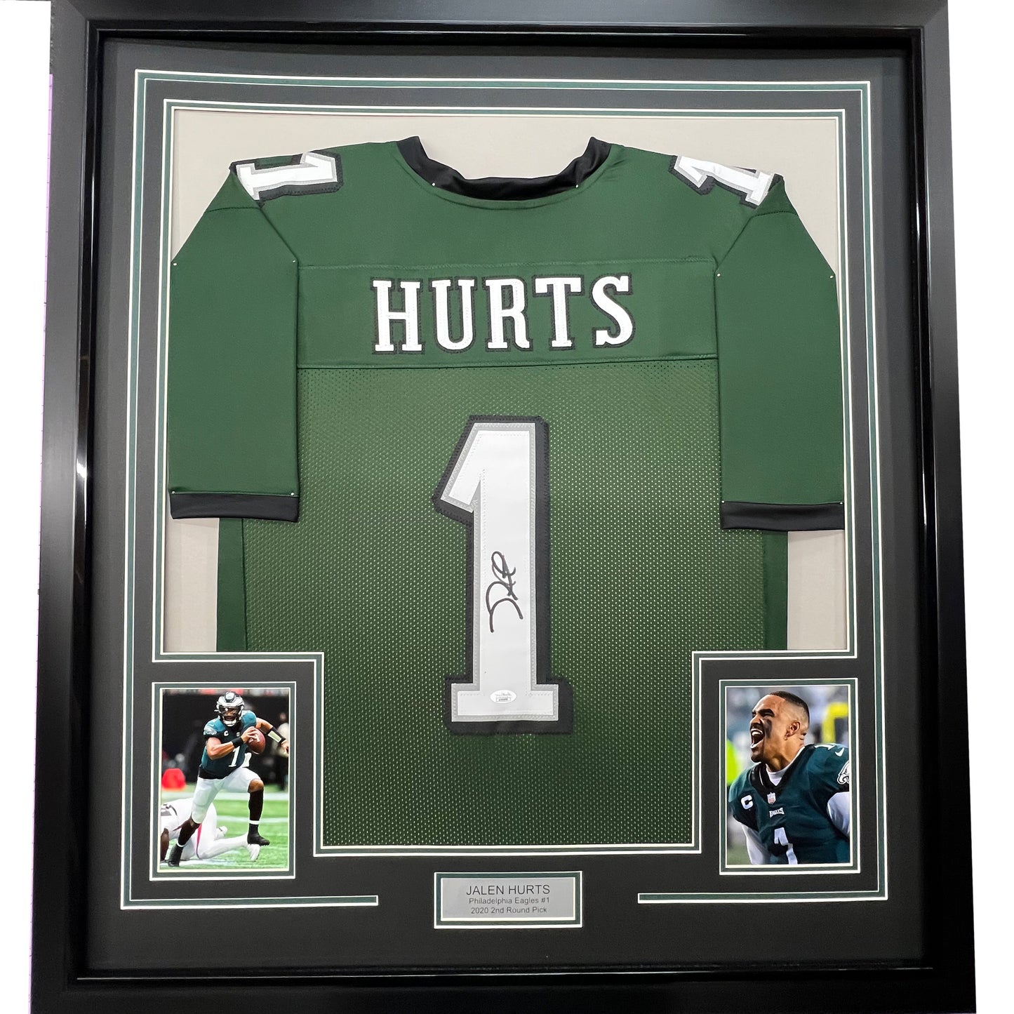Framed Autographed/Signed Jalen Hurts 35x39 #1 Philadelphia Green Football Jersey JSA COA