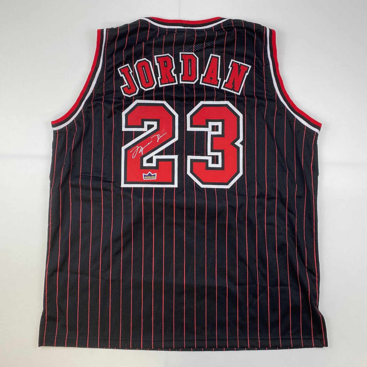 Facsimile Autographed Michael Jordan Chicago Black Pinstripe Reprint Laser Auto Basketball Jersey Size Men's XL