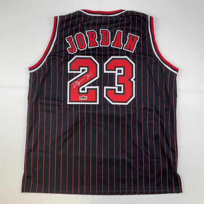 Facsimile Autographed Michael Jordan Chicago Black Pinstripe Reprint Laser Auto Basketball Jersey Size Men's XL