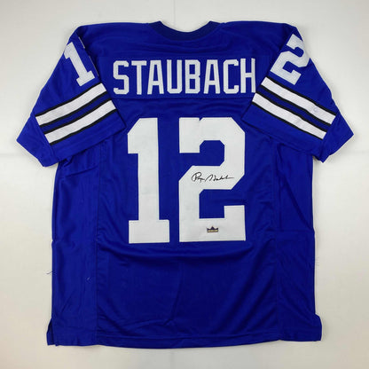 Facsimile Autographed Roger Staubach Dallas Blue Reprint Laser Auto Football Jersey Size Men's XL