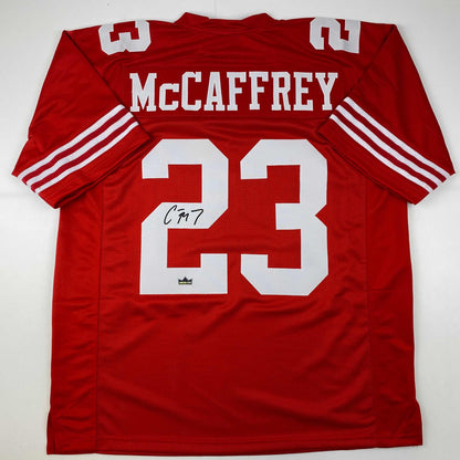 Facsimile Autographed Christian McCaffrey San Francisco Red Reprint Laser Auto Football Jersey Size Men's XL