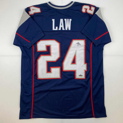 Facsimile Autographed Ty Law New England Blue Reprint Laser Auto Football Jersey Size Men's XL