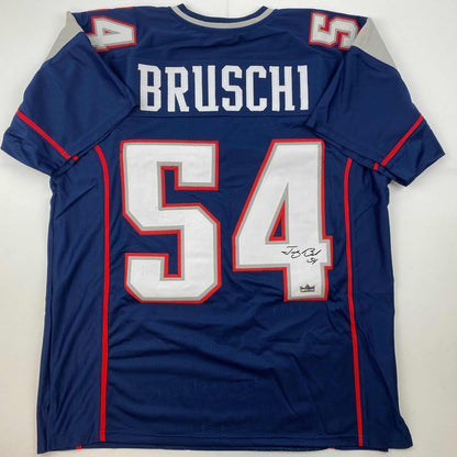 Facsimile Autographed Tedy Bruschi New England Blue Reprint Laser Auto Football Jersey Size Men's XL