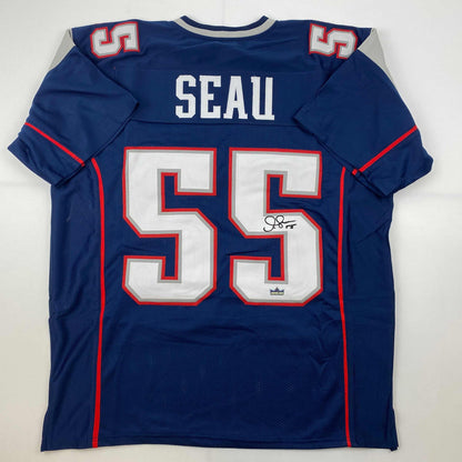 Facsimile Autographed Junior Seau New England Blue Reprint Laser Auto Football Jersey Size Men's XL