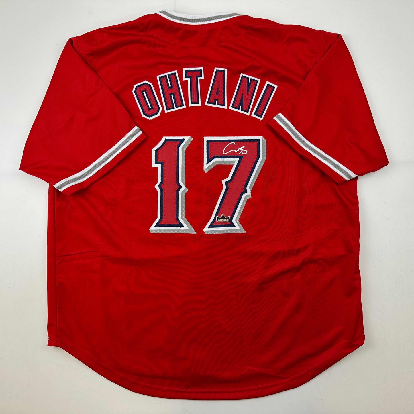 Facsimile Autographed Shohei Ohtani Los Angeles LA Anaheim Red Reprint Laser Auto Baseball Jersey Size Men's XL