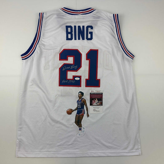 Autographed/Signed Dave Bing HOF 1990 Artwork Detroit White Basketball Jersey JSA COA