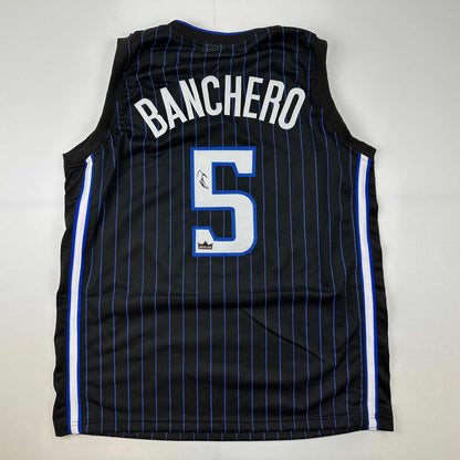 Facsimile Autographed Paolo Banchero Orlando Black Pinstripe Reprint Laser Auto Basketball Jersey Size Men's XL