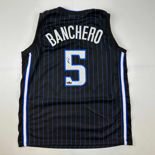 Facsimile Autographed Paolo Banchero Orlando Black Pinstripe Reprint Laser Auto Basketball Jersey Size Men's XL