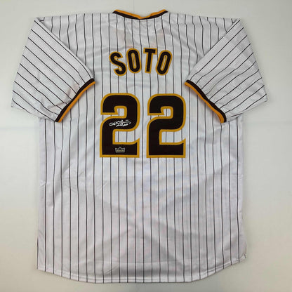 Facsimile Autographed Juan Soto San Diego Pinstripe Reprint Laser Auto Baseball Jersey Size Men's XL